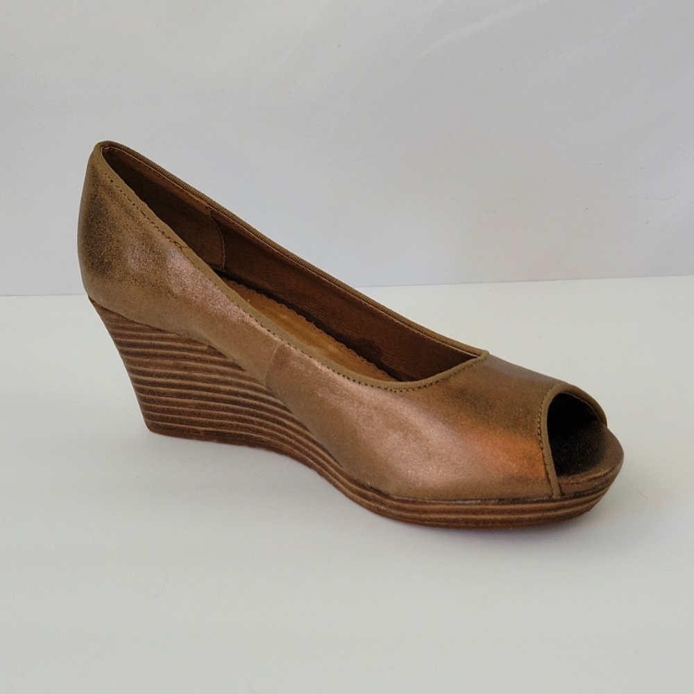 Fossil Open Toe Wedge Bronze Leather Size 7